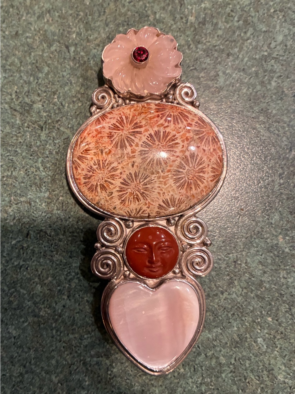 Handcrafted Multi-Stone Pendant Necklace/Brooch- Pink Floral & Shell Accents